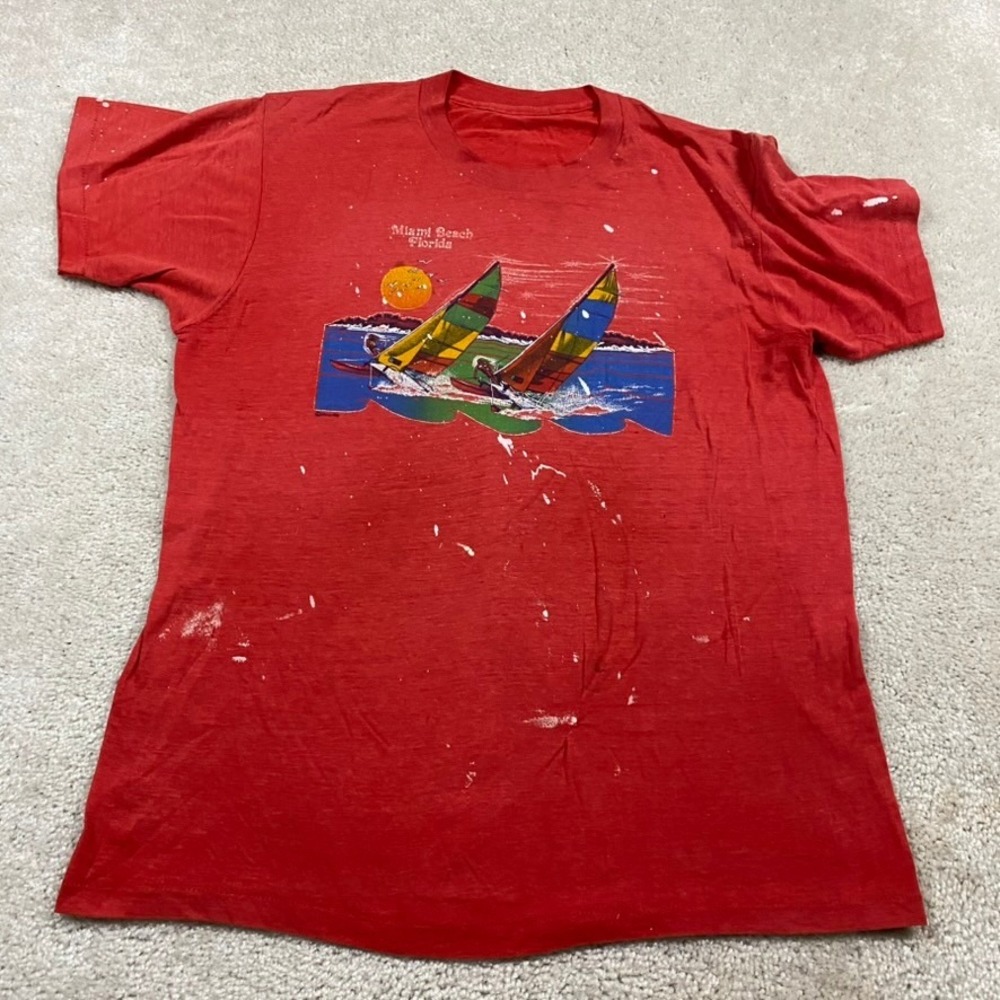 VTG Miami Beach Shirt Mens L Florida Sailboat Red Distressed Faded Painted